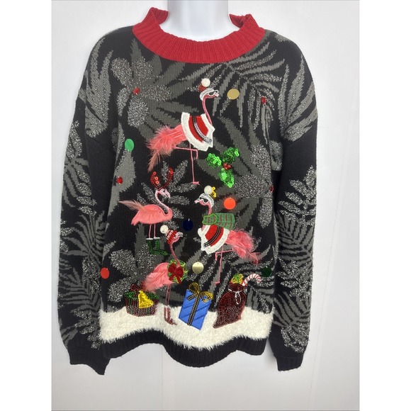 33 Degrees Sweaters - 33 Degrees Womens Small Ugly Christmas‎ Sweater Flamingos Sparkle Holiday Party